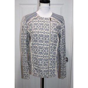 LUCKY BRAND Ivory Blue Sweater Top Full Zip Made in India Soft Knit EUC Size M